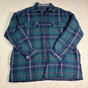 Rich's Flannel Shirt Jacket Mens Large Green Plaid Quilted Lined Vintage Pockets